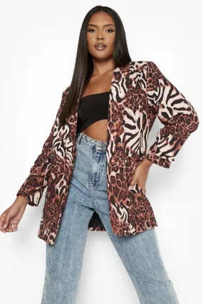 Plus Animal Print Ruched Sleeve Blazer