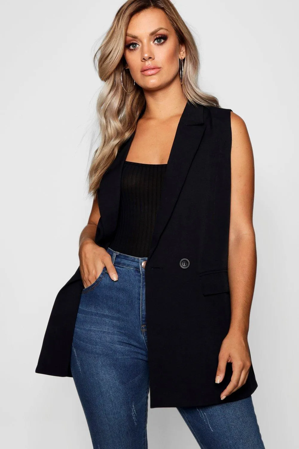 Plus Longline Double Breasted Sleeveless Blazer