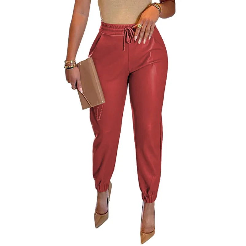 PU Elegant Office Casual Loose Harem Leather Pants