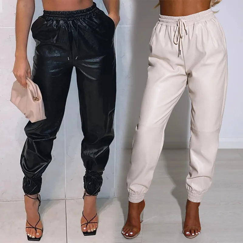 PU Elegant Office Casual Loose Harem Leather Pants