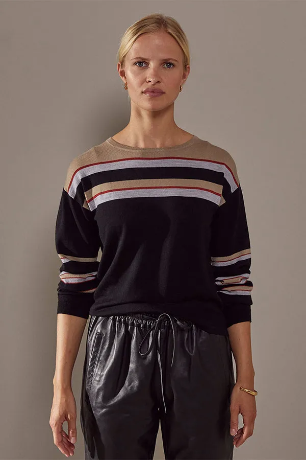 Rodier BLACK STRIPED MERINO WOOL ROUND NECK SWEATER