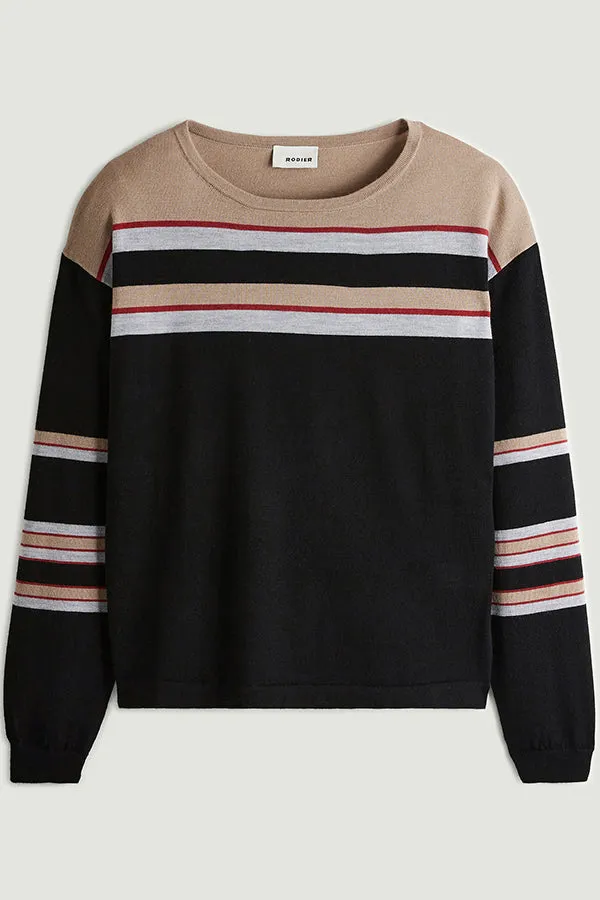 Rodier BLACK STRIPED MERINO WOOL ROUND NECK SWEATER