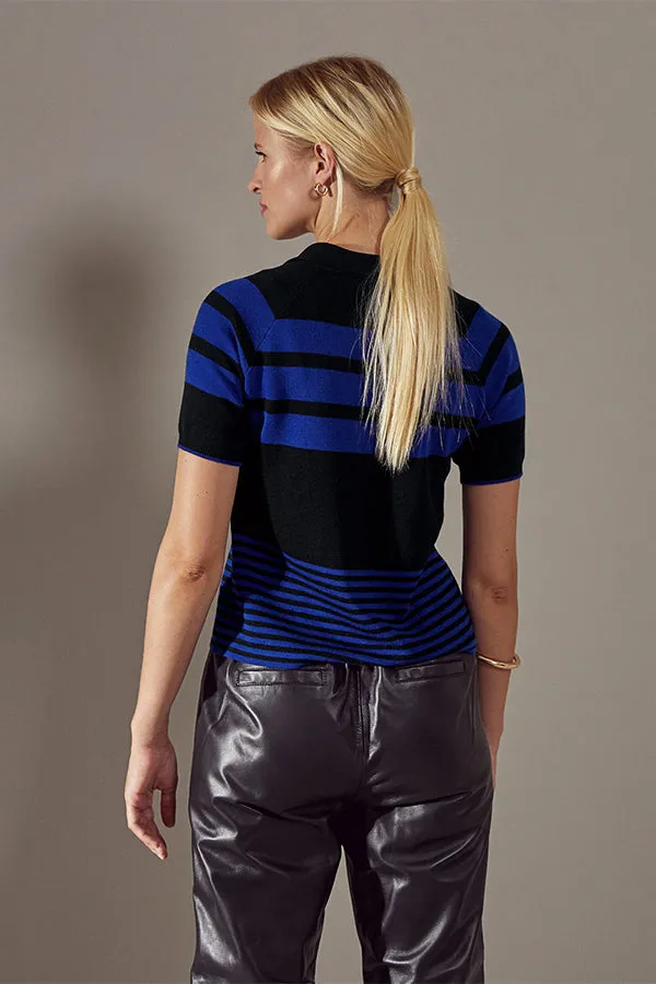 Rodier BLACK STRIPED MERINO WOOL SHORT-SLEEVED POLO SWEATER