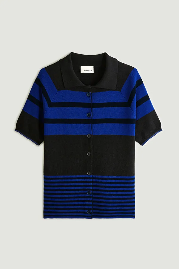 Rodier BLACK STRIPED MERINO WOOL SHORT-SLEEVED POLO SWEATER