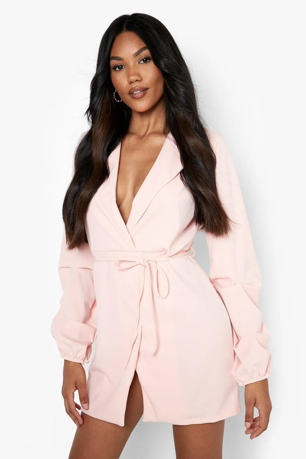 Ruched Sleeve Tie Waist Blazer Dress