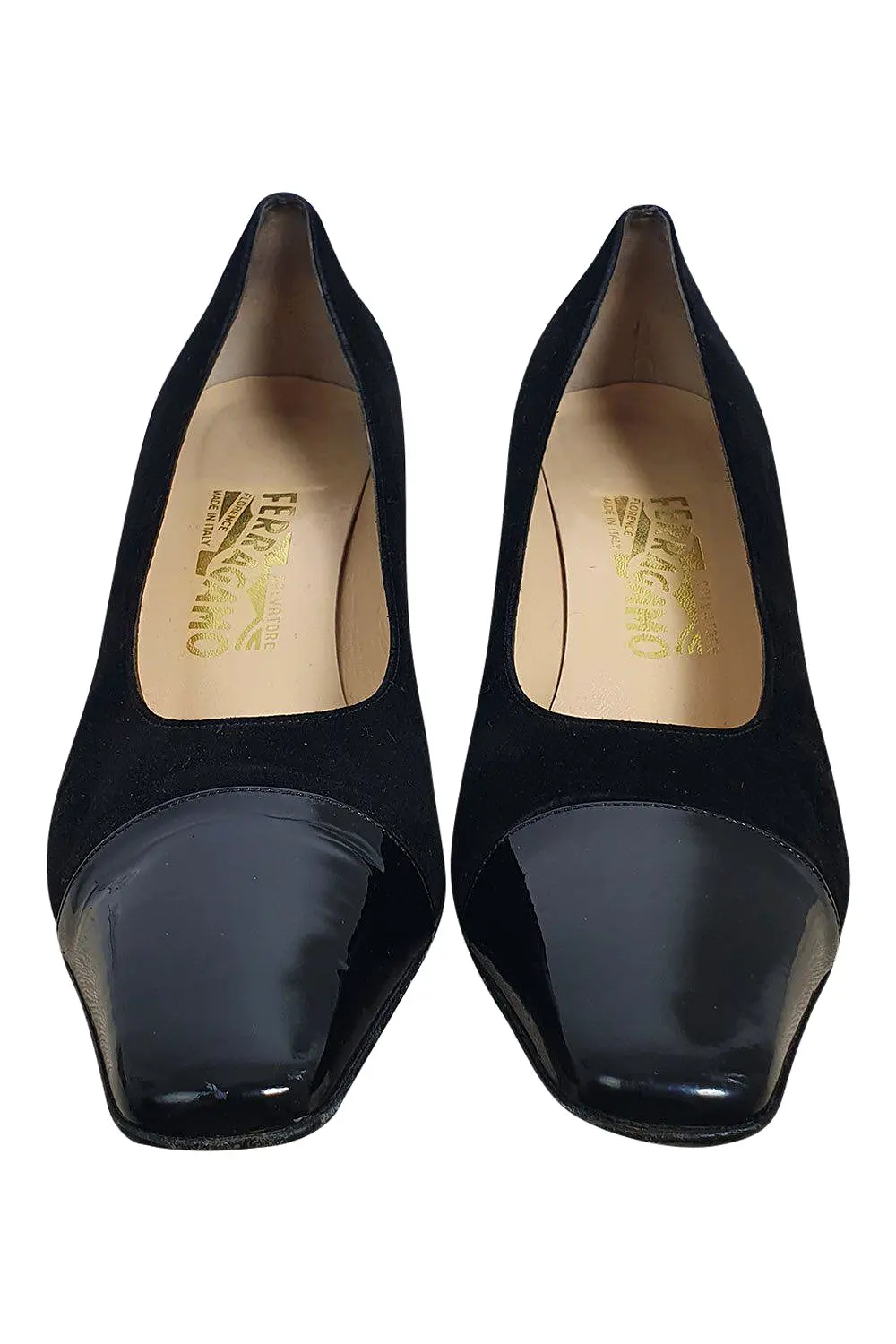 SALVATORE FERRAGAMO Black Suede Patent Leather Tip Court Shoes (10 B)