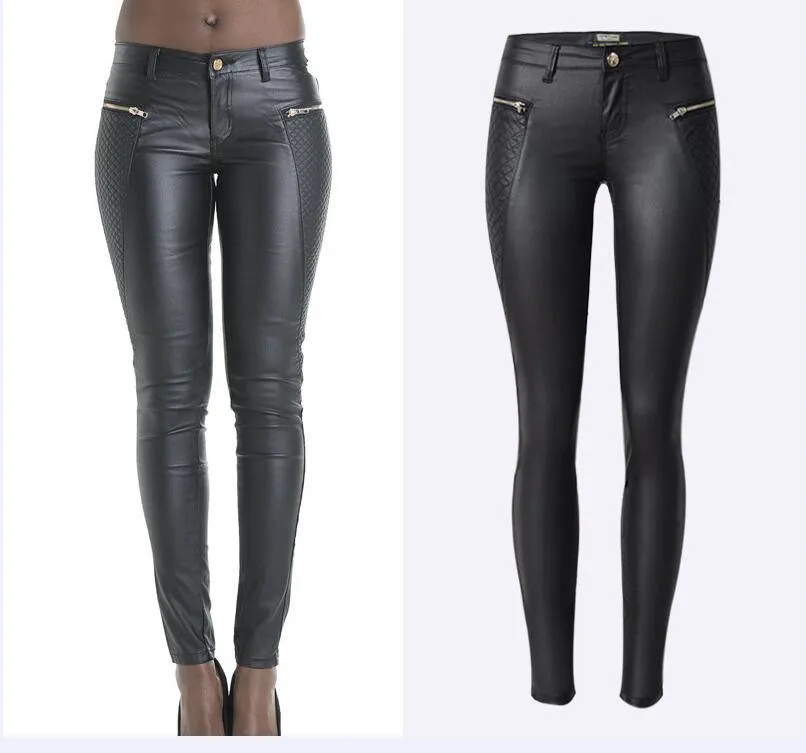 Sexy Low-Waisted Faux Leather Skinny Pants - Coated in Black PU with Stretch for Comfortable Fit