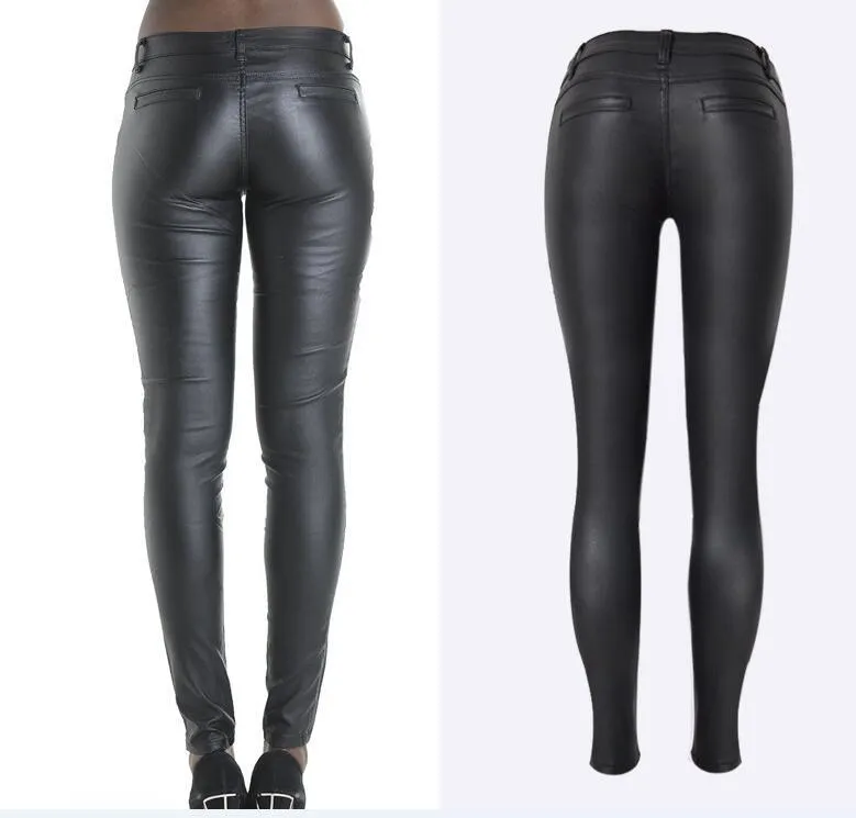 Sexy Low-Waisted Faux Leather Skinny Pants - Coated in Black PU with Stretch for Comfortable Fit