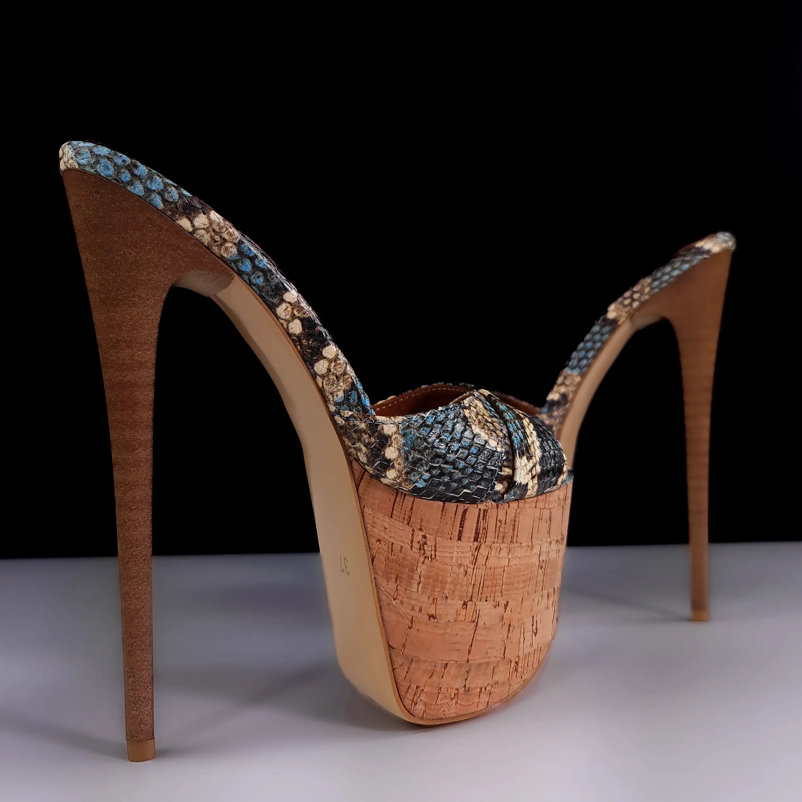 Snake Cork Detail High Heel Leather Mules