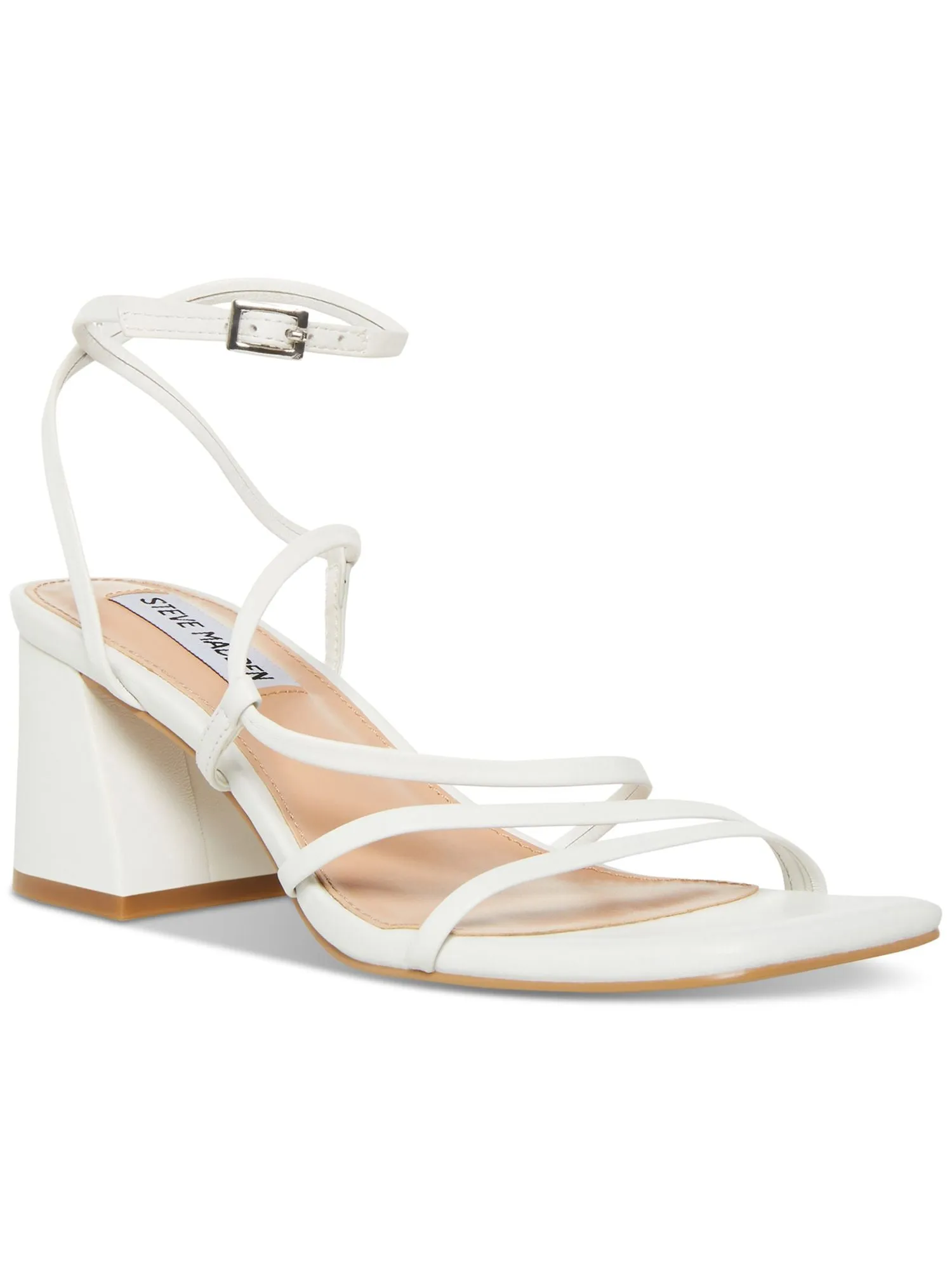 STEVE MADDEN Womens White Padded Asymmetrical Ankle Strap Alyce Square Toe Flare Buckle Leather Heeled M