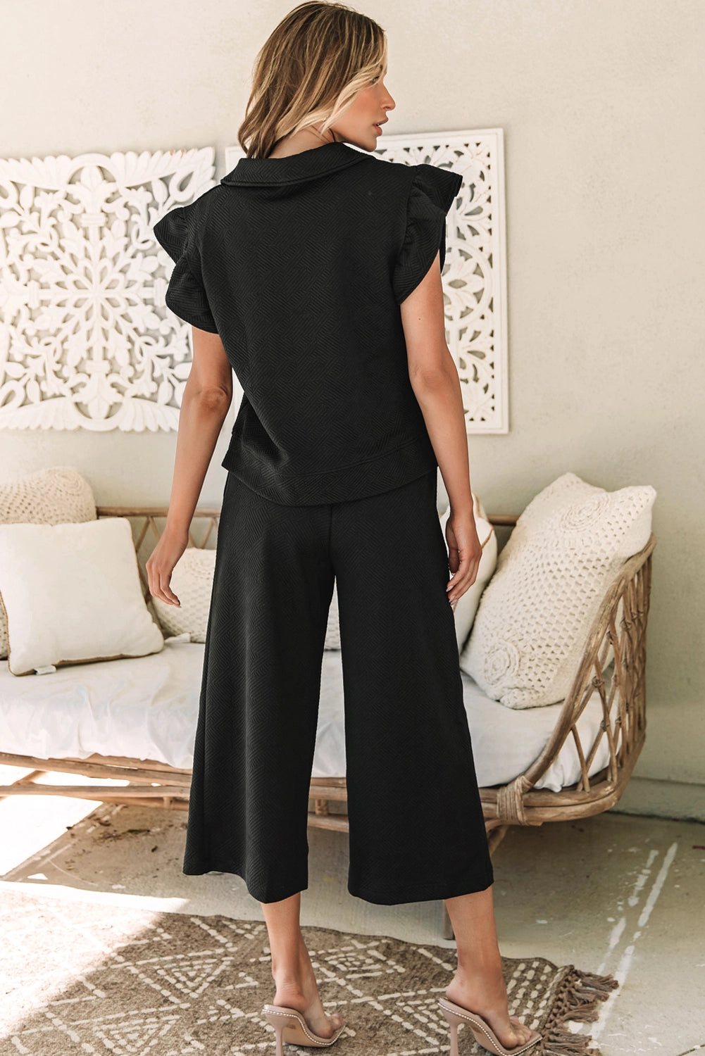 Textured Flutter Sleeve & Wide Legs Pants Set - Black