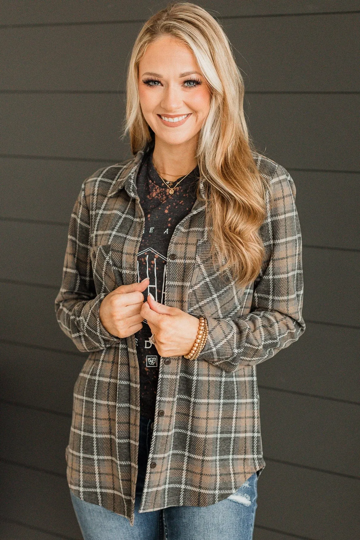 Thread & Supply Free Falling Plaid Shirt Jacket- Charcoal