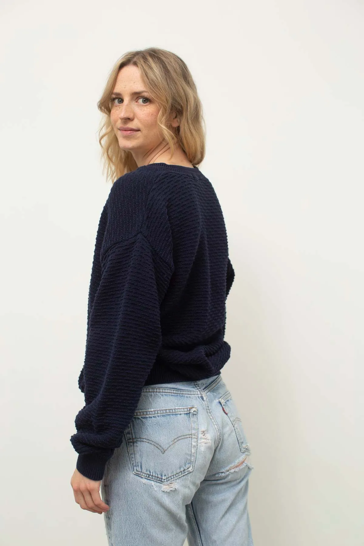 V-Neck Cotton Sweater - Navy