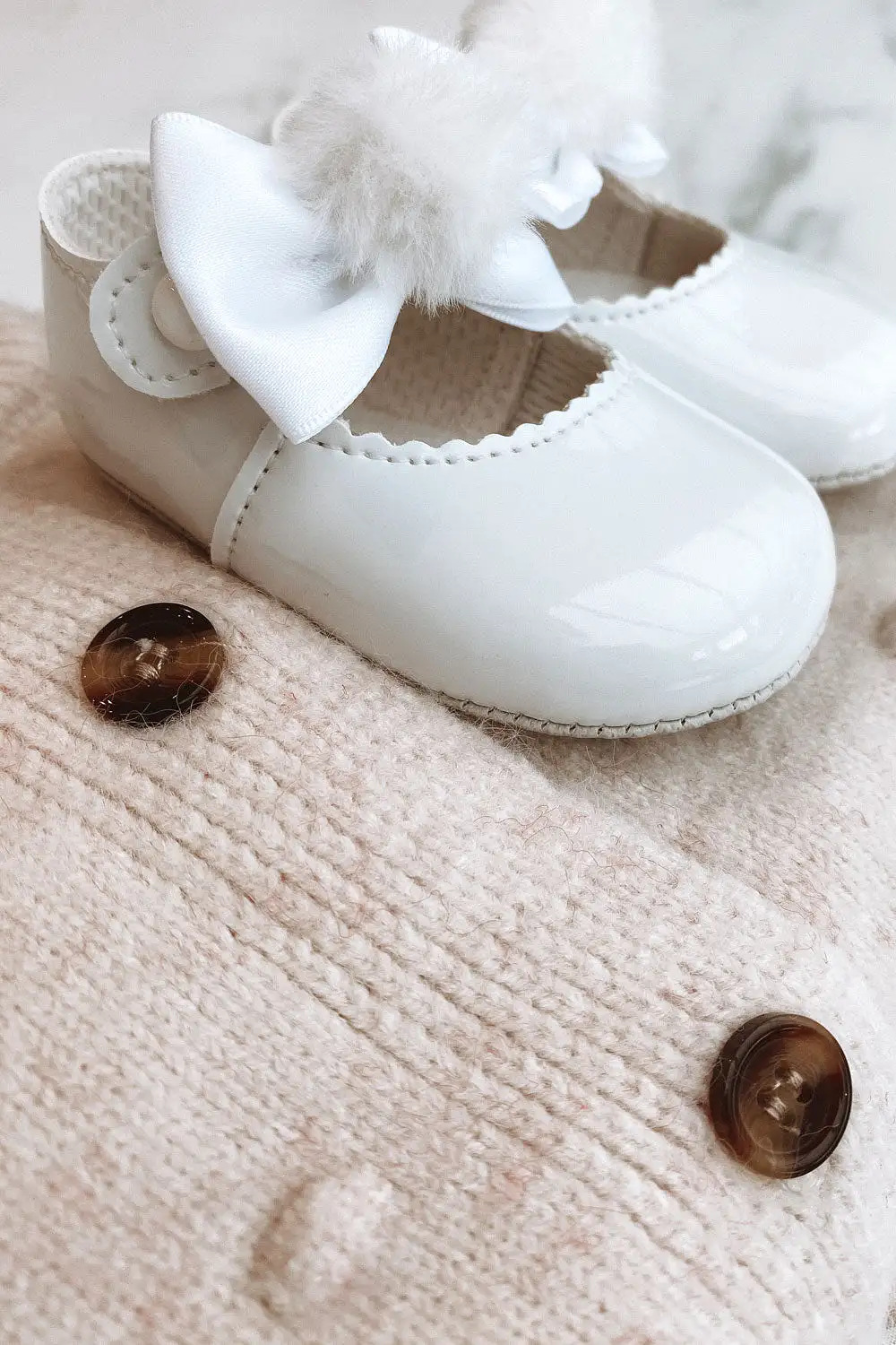 White Bow & Pom Pom Pram Shoes