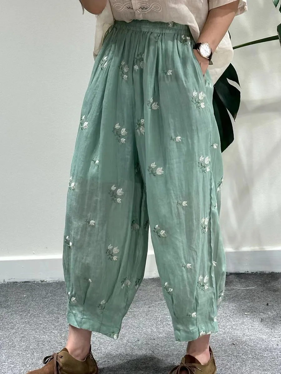 Women Artsy Summer Flower Embroidery Ramie Harem Pants KL1018