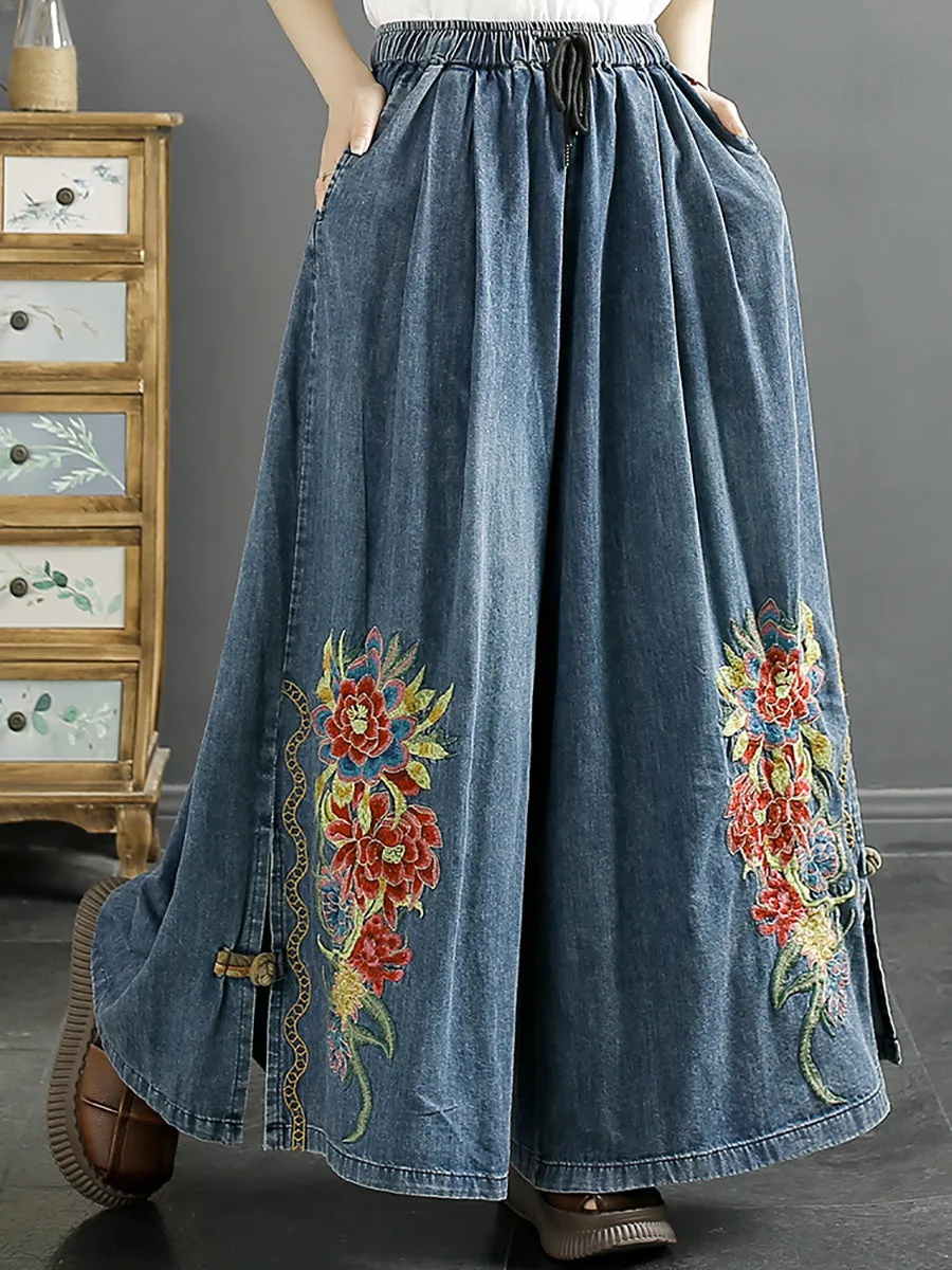 Women Summer Artsy Flower Embroidery Wide-leg Denim Pants CO1043