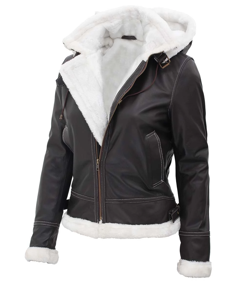 Women's Bomber Shearling Leather Jacket with Removable Hood