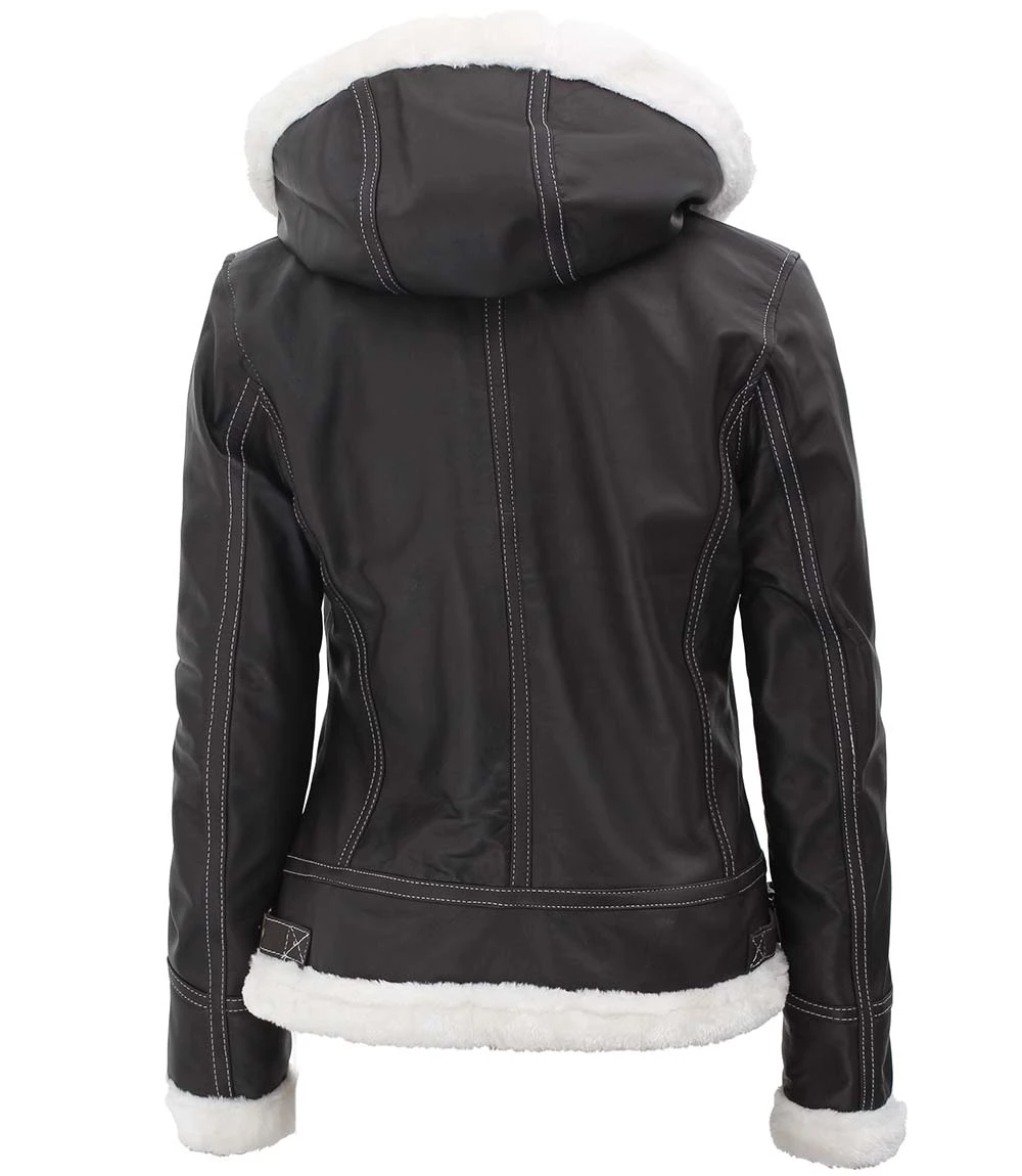 Women's Bomber Shearling Leather Jacket with Removable Hood