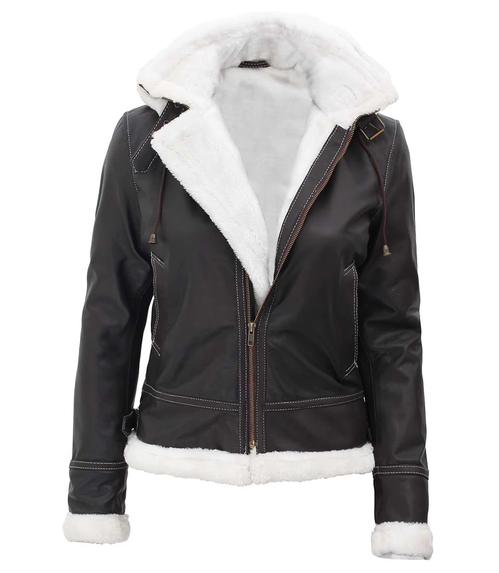 Women's Bomber Shearling Leather Jacket with Removable Hood