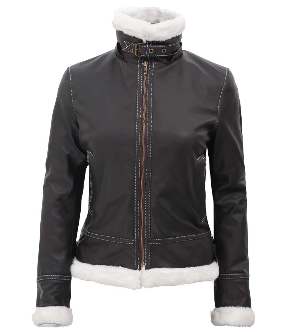 Women's Bomber Shearling Leather Jacket with Removable Hood