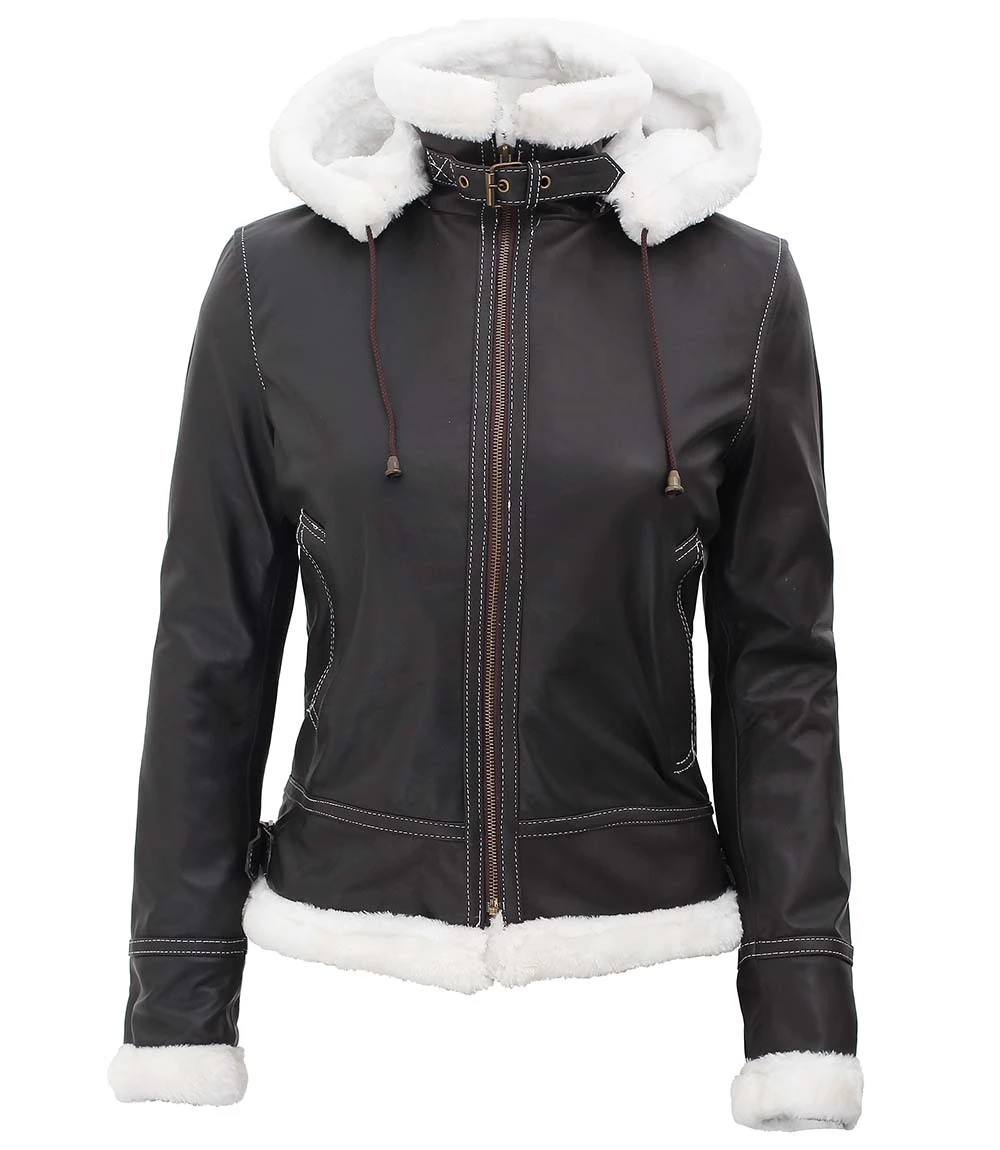 Women's Bomber Shearling Leather Jacket with Removable Hood