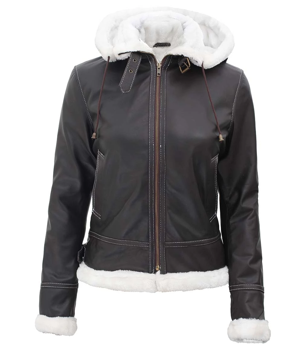 Women's Bomber Shearling Leather Jacket with Removable Hood