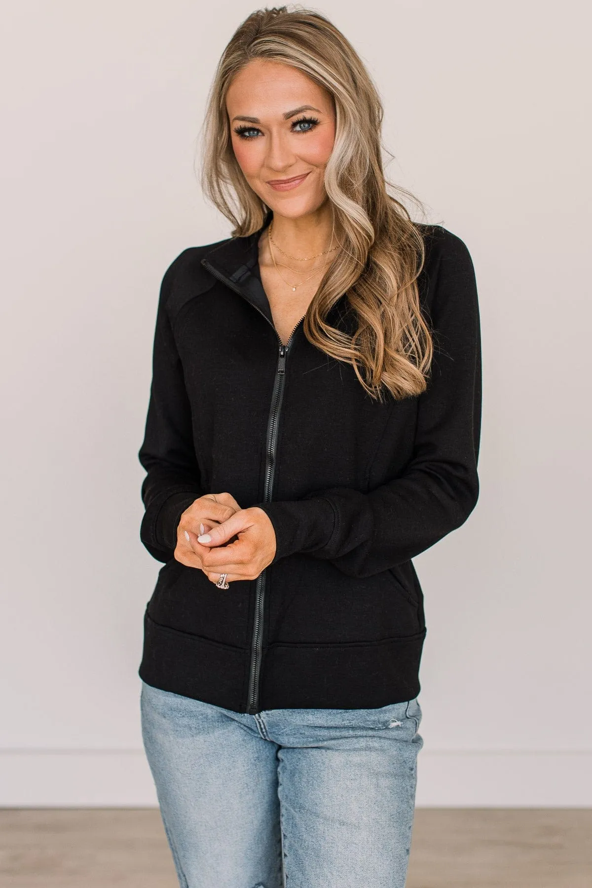 Work In Progress Zip Up Athleisure Jacket- Black