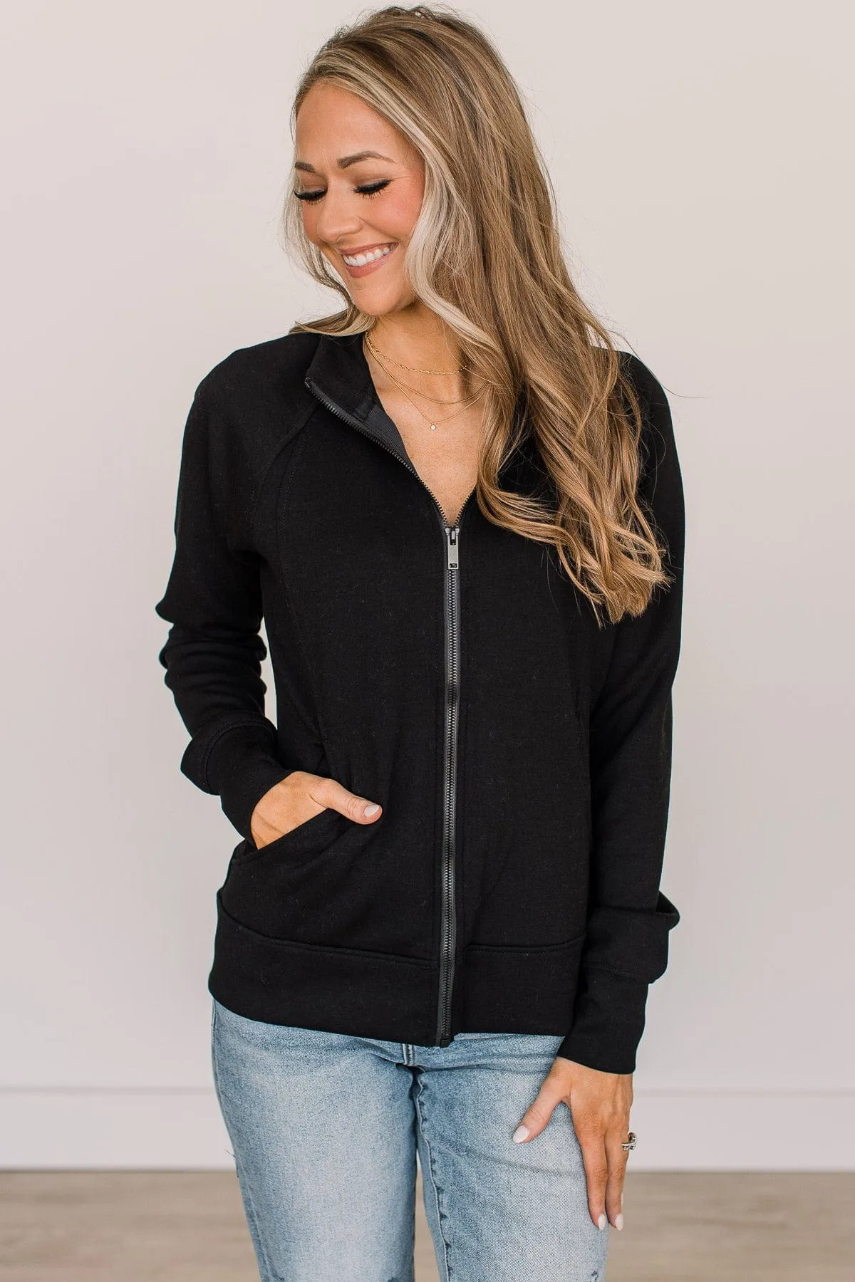 Work In Progress Zip Up Athleisure Jacket- Black